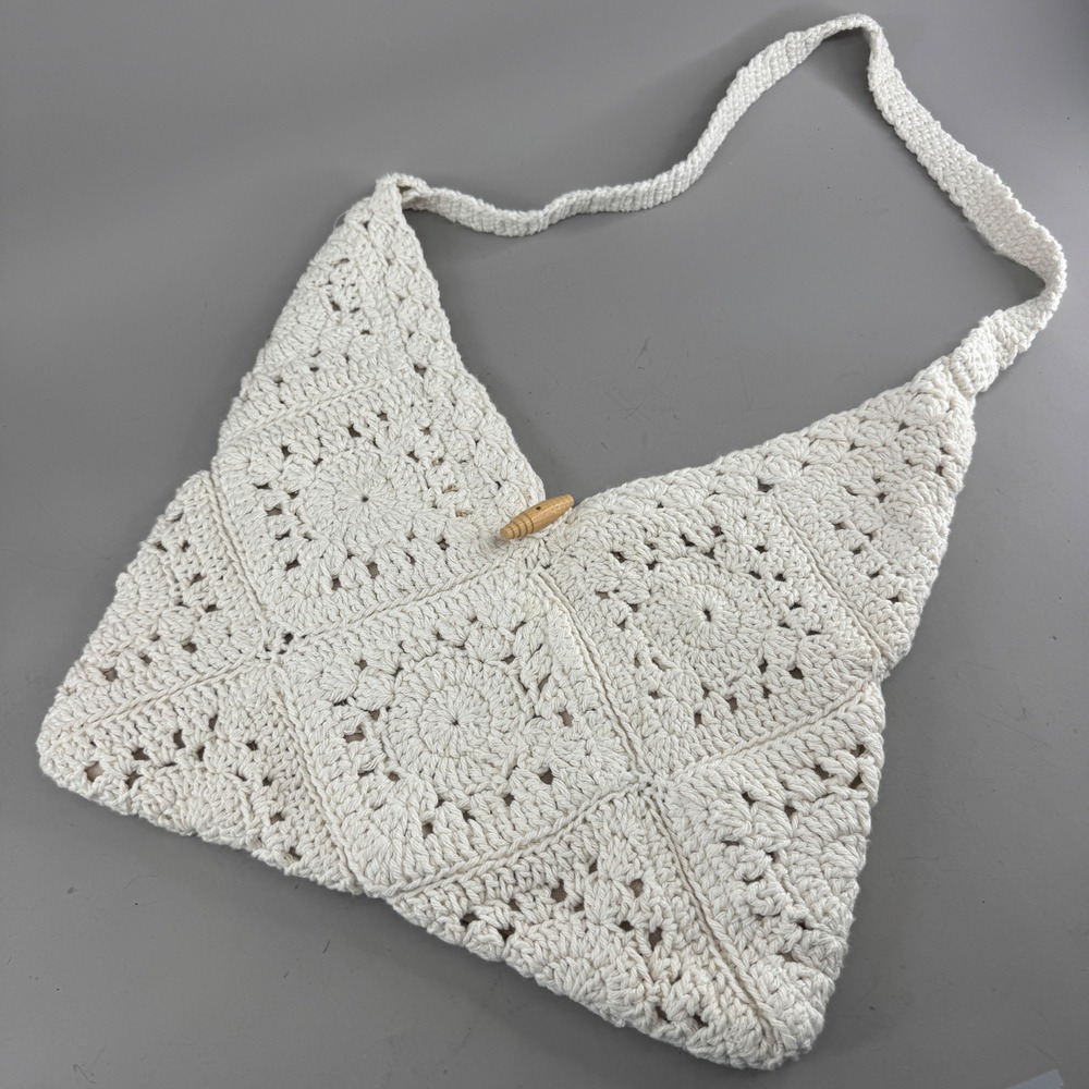 Unbranded Womens Crochet Granny Square Shoulder Bag Knit Boho Cream Handbag